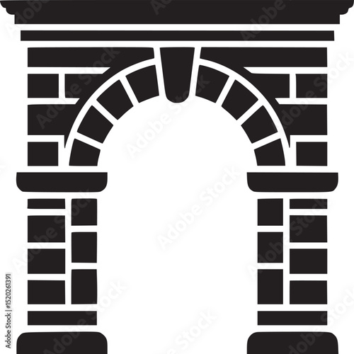 A black and white illustration of a stone archway with a rounded top and rectangular support columns
