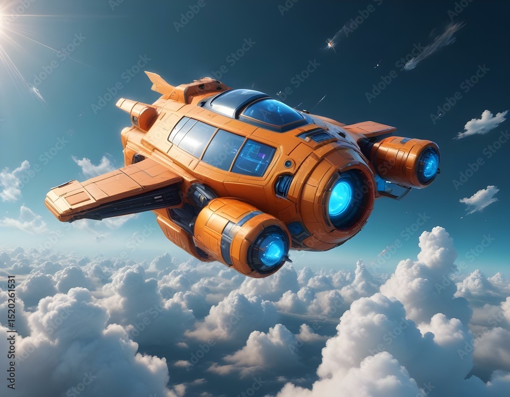 Fototapeta premium A futuristic orange and blue spacecraft flying through clouds in the sky