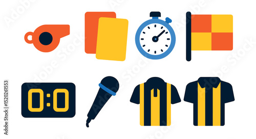 Flat vector icons of sports refereeing: whistle, red card, yellow card, stopwatch, flag, scoreboard, microphone, referee uniform.