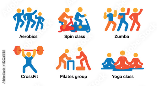 Flat vector icons of group fitness: aerobics class, spin class, boot camp, Zumba, CrossFit, circuit training, Pilates group, yoga class.