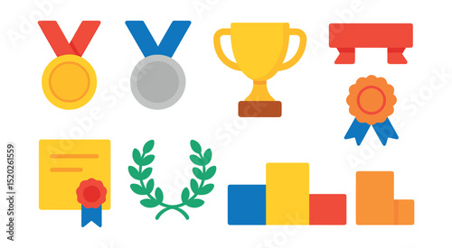 Flat vector icons of sports trophies and medals: gold medal, silver medal, bronze medal, trophy cup, ribbon, certificate, laurel wreath, podium.