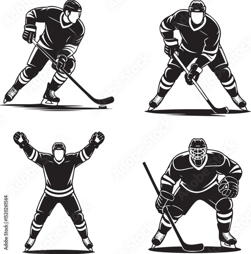 Ice hockey Player silhouette set vector illustration isolated On Transparent Background