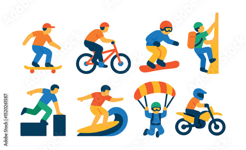 Flat vector icons of extreme sports: skateboarding, BMX biking, snowboarding, rock climbing, parkour, surfing, skydiving, motocross.