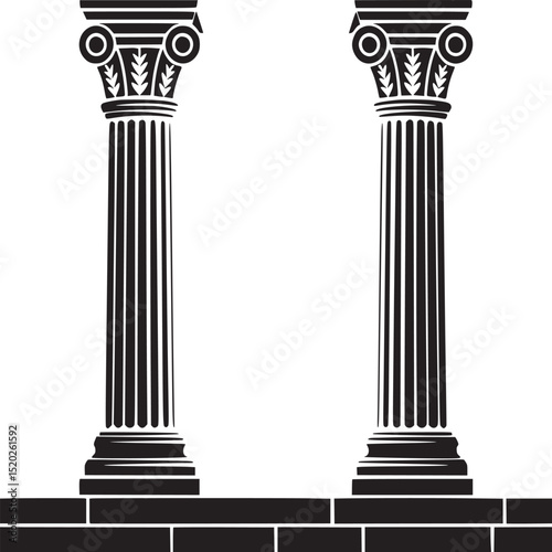 Two black ionic columns standing on a brick platform against a white background with helios text