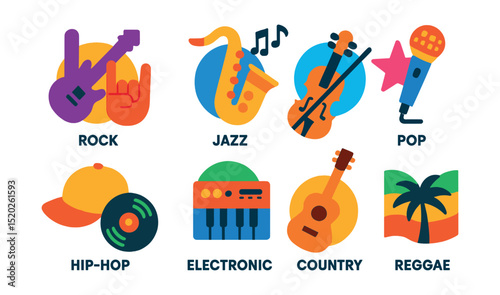 Flat vector icons of music genres: rock, jazz, classical, pop, hip-hop, electronic, country, reggae.