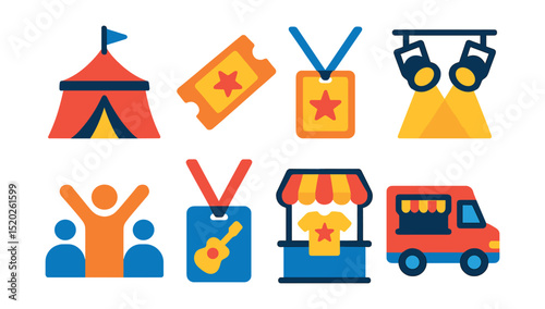 Flat vector icons of musical events: festival tent, ticket stub, VIP pass, stage lights, crowd, backstage pass, merchandise stand, food truck.