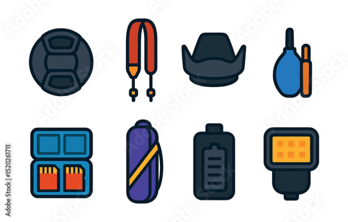 Flat vector icons of photography accessories: lens cap, camera strap, lens hood, cleaning kit, memory card case, tripod bag, battery charger, flash diffuser.