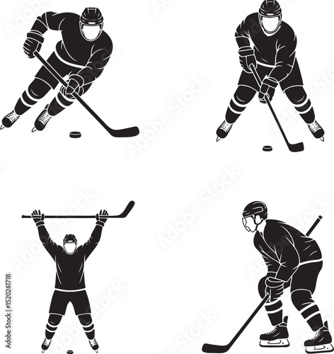 Ice hockey Player silhouette set vector illustration isolated On Transparent Background