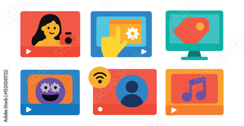 Flat vector icons of video types: vlog, tutorial, documentary, commercial, animation, live stream, music video, short film.