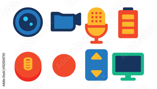 Flat vector icons of video camera parts: lens, viewfinder, microphone, battery, tripod mount, record button, zoom control, screen.