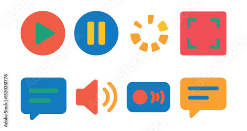 Flat vector icons of video streaming: play button, pause button, buffering, fullscreen, subtitles, volume, live stream, chat window.