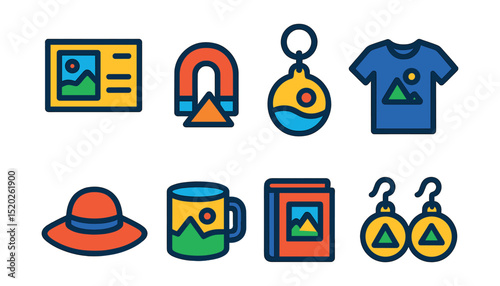 Flat vector icons of travel souvenirs: postcard, magnet, keychain, T-shirt, hat, mug, photo album, jewelry.