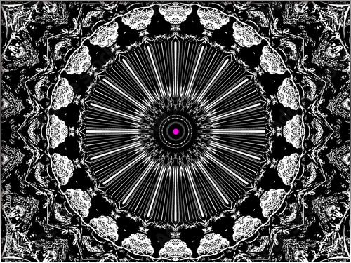 Intricate black and white patterns form a circular mandala design with a vibrant magenta dot at the center. The symmetrical arrangement creates a mesmerizing and hypnotic visual effect.