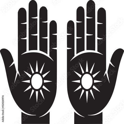 Two black hands with sun symbols on palms in a symmetrical design against a white background space