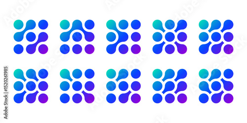 Metaball neuron logo, molecule and atom circle stucture concept. Neuron links in brain liquid blobs and nucleus medical pattern. Artificial fluid shape integrated into organic forms. Wavy energy line