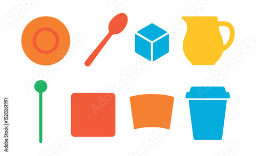 Flat vector icons of cup accessories: saucer, teaspoon, sugar cube, milk jug, coffee stirrer, coaster, cup sleeve, lid.
