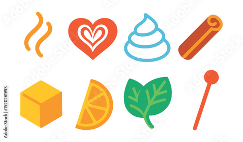 Flat vector icons of cup decorations: steam, latte art heart, whipped cream, cinnamon stick, sugar cube, lemon slice, mint leaf, stirrer.