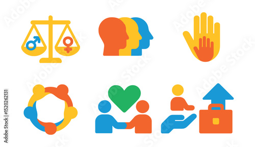 Flat vector icons of workplace diversity: gender equality, cultural diversity, accessibility, inclusion, teamwork, respect, support, equal opportunity.