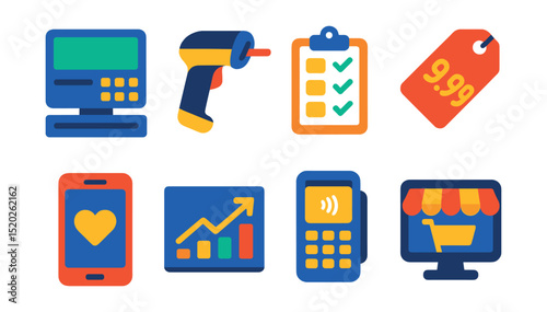 Flat vector icons of retail technology: POS system, barcode scanner, inventory management, digital price tag, customer loyalty app, sales analytics, mobile payment terminal, e-commerce platform.