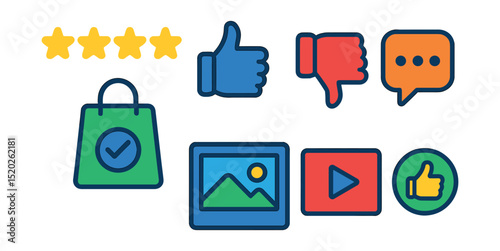 Flat vector icons of online product reviews: star rating, thumbs up, thumbs down, comment box, verified purchase, photo review, video review, helpful vote.