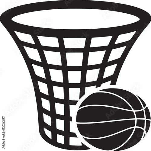 A black and white graphic illustration of a basketball hoop and a basketball on a white background