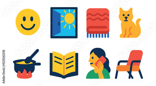 Flat vector icons of happiness in daily life: smiling face, sunny window, cozy blanket, pet companion, cooking meal, reading book, chatting on phone, relaxing chair.