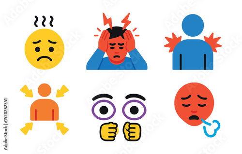 Flat vector icons of stress and related concepts: stressed face, headache, sweating, tense shoulders, overwhelmed person, anxious eyes, clenched fists, sighing breath.