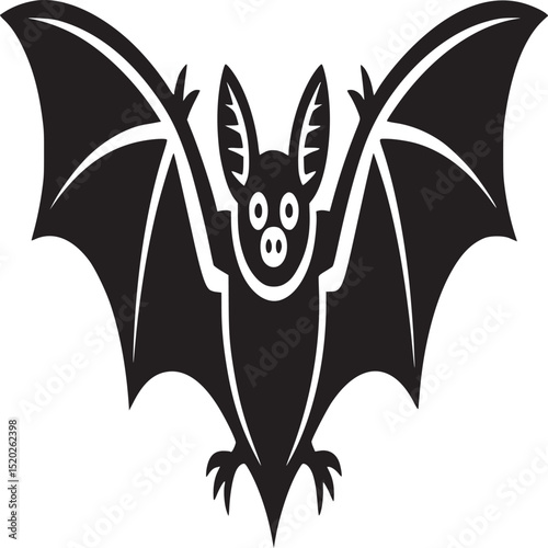 A black and white graphic of a bat with its wings spread out on a white background illustration