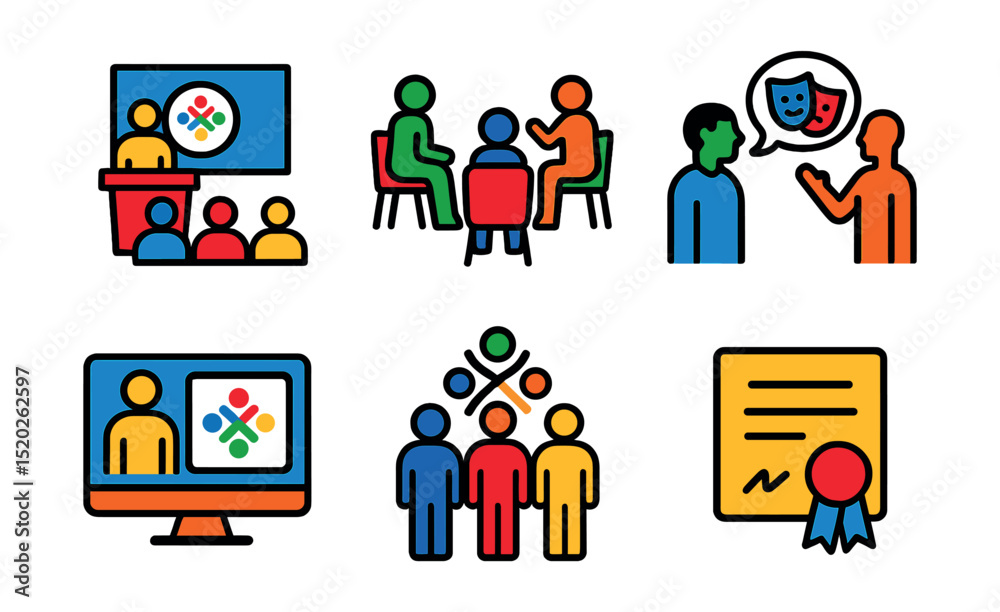 Flat vector icons of inclusion training and workshops: seminar, group discussion, role play, e-learning module, diversity training, sensitivity training, feedback session, certificate. Flat vector icons of inclusion training and workshops: seminar, group discussion, role play, e-learning module, diversity training, sensitivity training, feedback session, certificate.