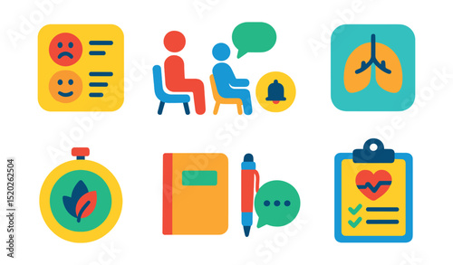 Flat vector icons of mental health apps: mood tracker, therapy session, medication reminder, breathing exercise, relaxation timer, journal, support chat, wellness plan.