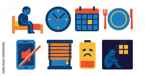 Flat vector icons of depression and daily life: bed, clock, calendar, empty plate, phone silence, closed blinds, low energy, dark room.