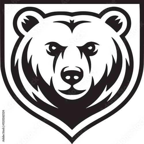 Illustration of a bear head inside a shield shape with black and white color scheme on white background