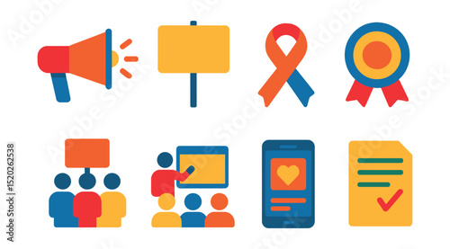 Flat vector icons of advocacy and awareness: megaphone, protest sign, campaign ribbon, awareness badge, community rally, education seminar, social media post, petition.