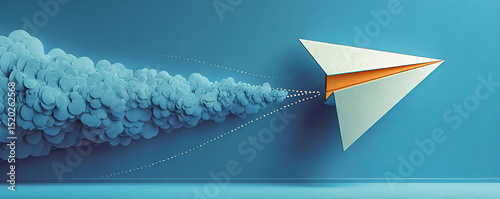 Paper plane flies leaving a blue trail made of abstract circular shapes, Generated with AI