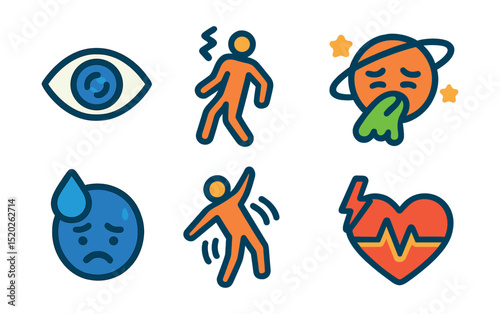 Flat vector icons of dizziness warning signs: blurred vision, fainting, nausea, disorientation, cold sweat, imbalance, headache, rapid heartbeat.