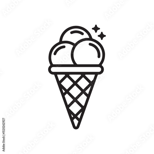 Ice cream cone with three scoops and sparkles, line art style