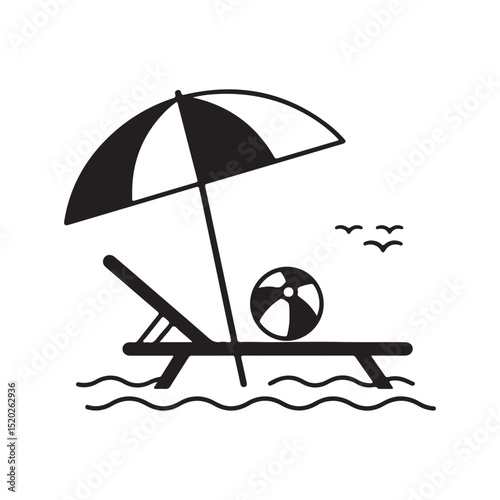 Beach Umbrella, Lounger, and Beach Ball by the Ocean