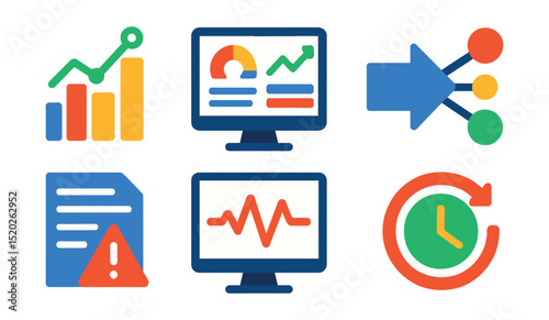 Flat vector icons of data analytics transmission: data charts, graphs, dashboard, network traffic, error logs, system monitoring, report generation, real-time updates.