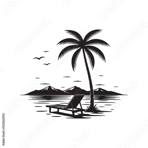 Tranquil Beach Scene with Palm Tree and Lounger