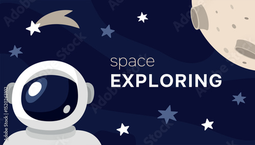 Galaxy Doodle Card with Astronaut. Space exploration text. Child character, moon, falling star in Universe. Spaceman discovers satellite. Cosmonaut. Moon surface. Cartoon banner. Vector illustration.