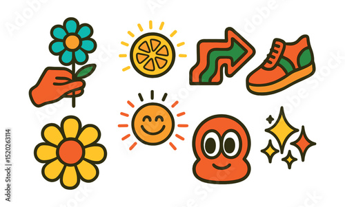 Flat vector icons of playful groovy motifs: hand holding flower, shining lemon slice, funky arrow pointing right, retro shoe side view, daisy with thick outline, sunrise with smiling face, cartoon