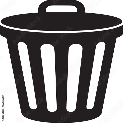 A simple black and white graphic illustration of a trash can with a handle on the lid of it