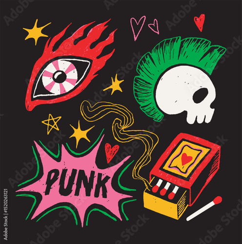 Punk skull and matchbox doodle art. Vector illustration