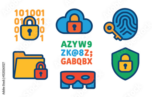 Flat vector icons of data encryption: padlock with binary code, encrypted cloud, secure key, digital fingerprint, cipher text, locked folder, data mask, privacy shield.