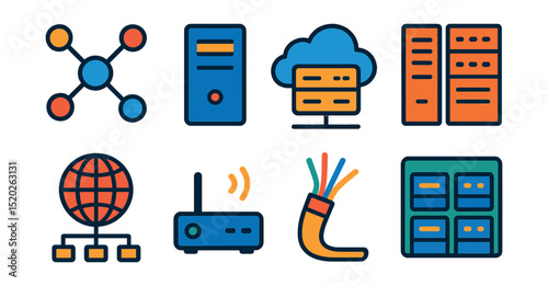 Flat vector icons of network and server infrastructure: interconnected nodes, server tower, cloud server, data center, network map, router, fiber optic cable, server farm.