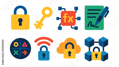 Flat vector icons of data encryption methods: AES lock, RSA key, hash function, digital signature, cryptography, secure socket layer, encrypted cloud, blockchain lock.