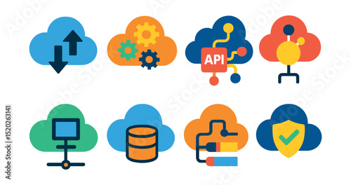 Flat vector icons of cloud analytics: scalable cloud, data processing, API connection, serverless computing, virtual machine, cloud storage, data pipeline, cloud security.