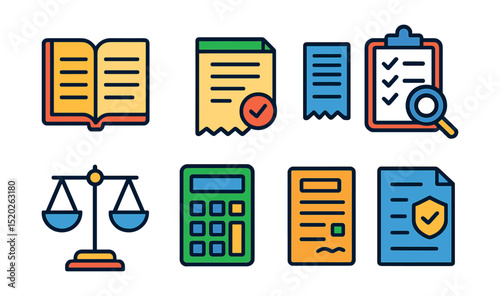 Flat vector line icons of accounting and auditing: ledger book, invoice, receipt, audit checklist, balance scale, calculator, tax form, compliance document.