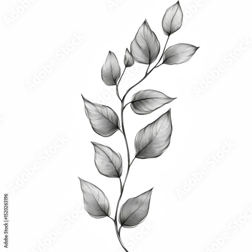 Boho Hand-drawn Botanical Twig with Oval Leaves