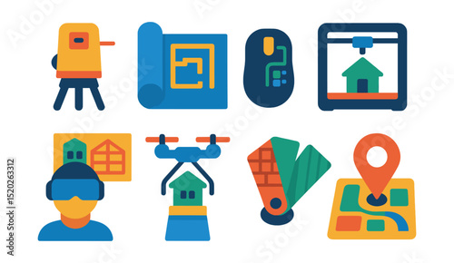 Flat vector icons of architectural tools and technology: laser level, blueprint roll, 3D printer, CAD mouse, VR architecture visualization, drone survey, building materials palette, site plan marker.